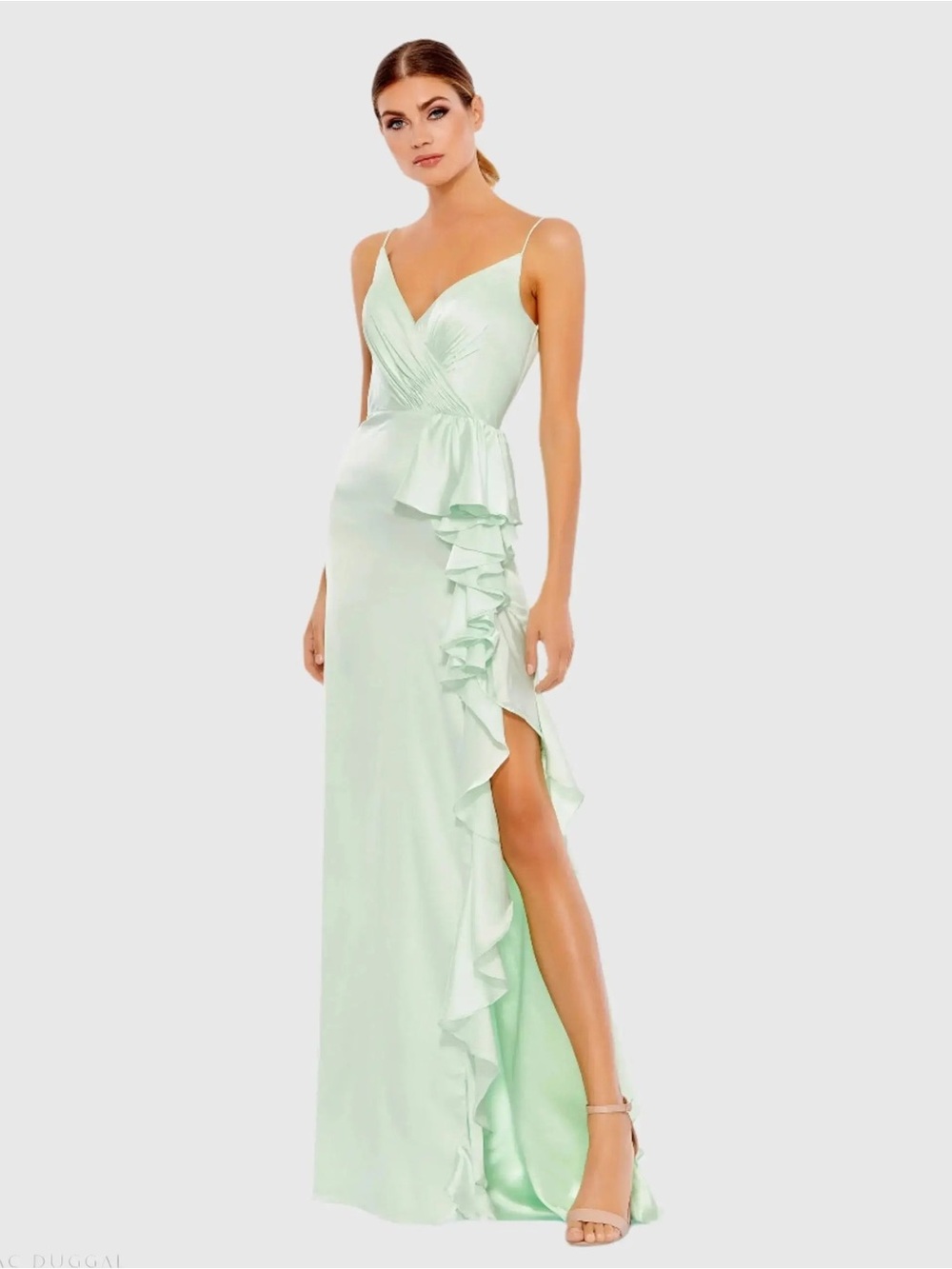 MAC DUGGAL Satin Ruffled Asymmetrical Gown